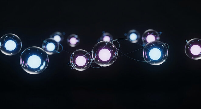 Glowing orbs connected by thin lines against a black backdrop, suggesting a network or interconnected system, symbolizing technology, connection, or innovation