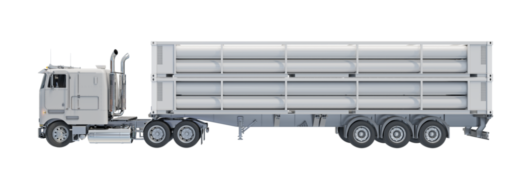 Trailer truck equipped for high-pressure gas storage and transport. Side view isolated on transparent background. 3D illustration.