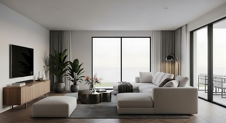 Fototapeta premium Modern Living Room Tranquility with Ocean View and Natural Light