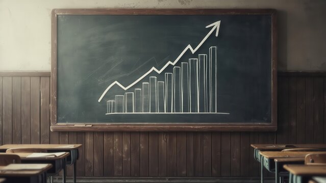 Chalk drawing of a rising bar and line graph on a blackboard in an empty old classroom, representing education and business growth. Concept of educational growth and success