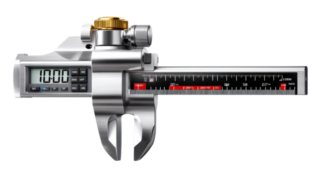 Digital Caliper: A detailed capture of a digital caliper, precision instrument used for measuring accurate dimensions. 