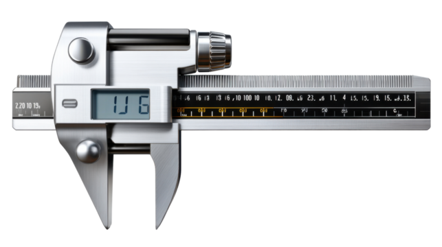 Precision Measurement Tool: A close-up shot of a metallic digital caliper, showcasing its intricate design and precise measurement capabilities. Ideal for engineering, manufacturing.