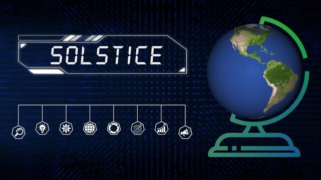 Futuristic Earth Globe with Solstice Text and Digital Grid Background for Science Technology and