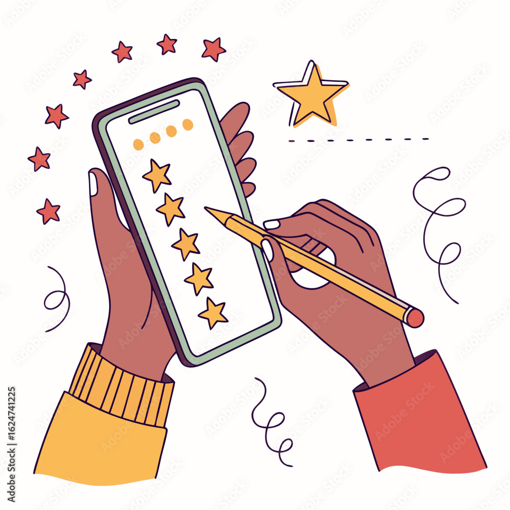 Poster hands holding a smartphone and rating with stars isolated on transparent background