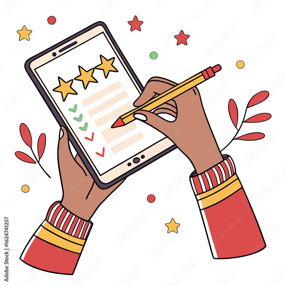 Poster person evaluating a digital survey with stars and checkmarks on a tablet isolated on transparent bac