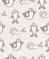  A pattern of cute seals on a gray background.