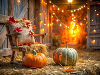 Pumpkins and autumn decorations on a chair in a rustic barn with string lights and hay