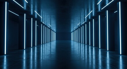 Luminous Blue Pillars in a Dark, Symmetrical Futuristic Corridor