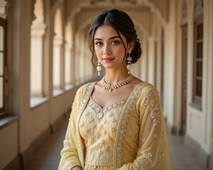 Elegant portrait of a beautiful South Indian woman in traditional yellow attire standing in a majestic arched corridor.