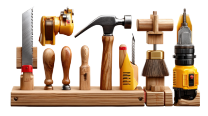 Workshop's Finest: A curated collection of indispensable carpentry tools, meticulously arranged on a wooden shelf, ready for precision craftsmanship and construction projects.