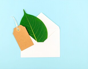 Top View of Eco Friendly Leaf Envelope and Kraft Paper Tag Arranged on Pastel Blue