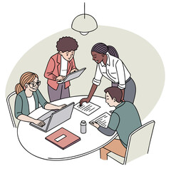 Diverse team collaborating around a table with laptops and documents during a business meeting