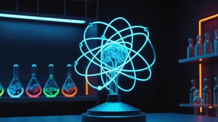 Futuristic neon science lab with molecular light bulb models glowing in motion, physics, atoms. 4k video - Powered by Adobe