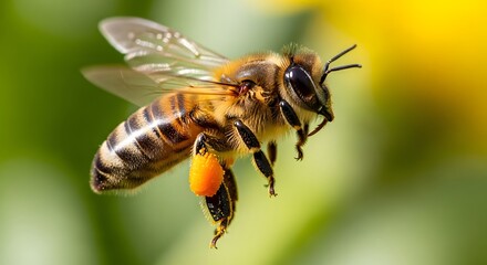 Honeybee in flight with a full pollen basket near a yellow flower