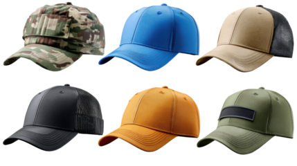 Baseball Caps Assortment: A diverse array of six meticulously crafted baseball caps, each a symbol of casual style and protection from the sun, showcases a spectrum of hues and materials.
