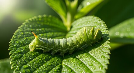Vibrant green caterpillar with a horn resting on a dewy, sunlit leaf in nature
