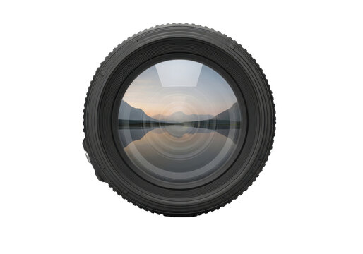 Camera lens reflecting a mountain landscape isolated on transparent background