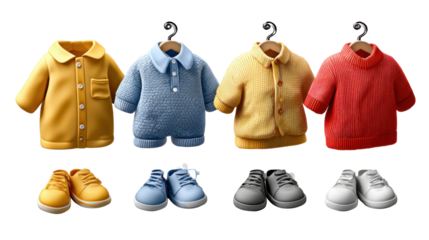 Colorful Children's Clothing and Shoes Collection: A delightful assortment of vibrant apparel and footwear, perfect for a child's wardrobe. From warm jackets to playful shoes.