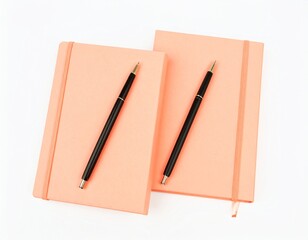 Top View of Soft Peach Notebooks Paired with Pens and Wrapped in Banded Sleeves