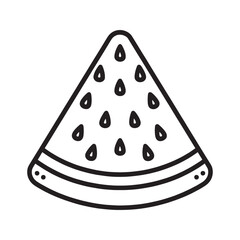 Watermelon slice outline, simple black and white fruit illustration for coloring book page.

