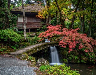 Tranquil Japanese Garden with Flowing Waterfall and Traditional Wooden House Surround