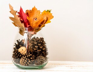 Transparent Jar Displaying Dried Fall Leaves and Pine Cones, Cozy Autumn Decoration