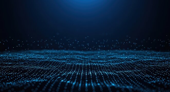 Ethereal Blue Data Stream: Abstract Digital Landscape with Glowing Particles and Dark Backdrop