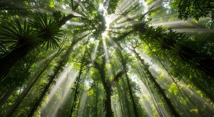 Obraz premium Sunbeams streaming through the lush green canopy of a dense tropical rainforest.