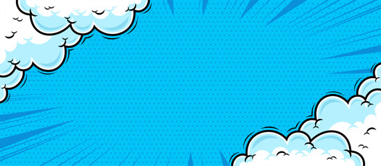 Comic landscape background in blue color with cloud illustration art