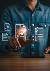 Man managing digital documents and checklists online.
