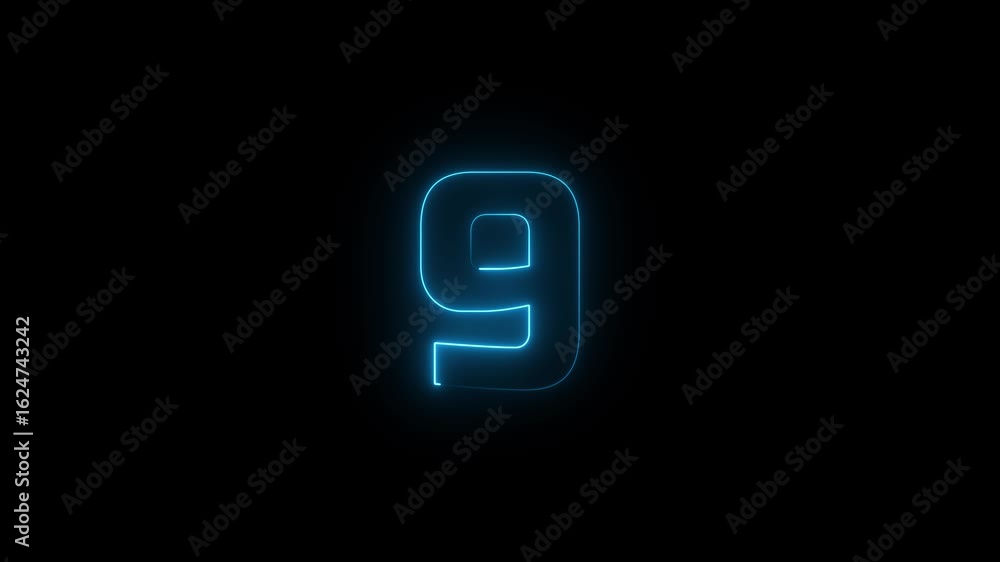 Poster glowing neon text 9 number countdown icon background 4k animation.