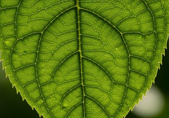 Detailed macro view of a green leaf's intricate vein structure, a symbol of natural life