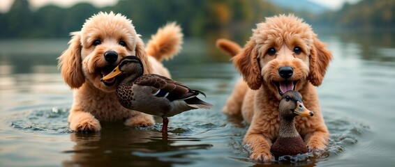 Two playful golden retriever puppies in the water with ducks, enjoying a fun moment together
