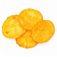 Four golden, crispy, round rice cakes, slightly overlapping,  on a white background