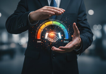 Manager showing a high score on a client loyalty meter.