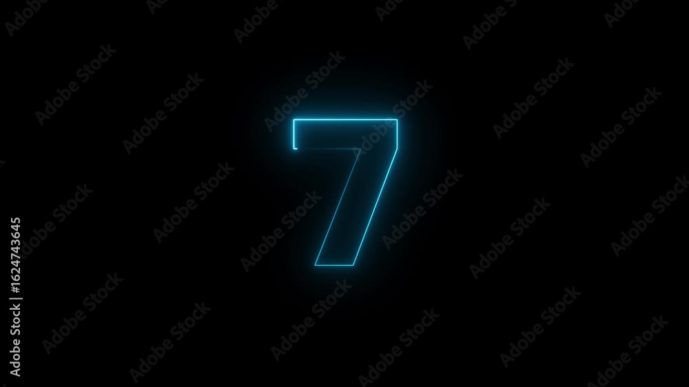 Poster glowing neon text 7 number countdown icon background 4k animation.