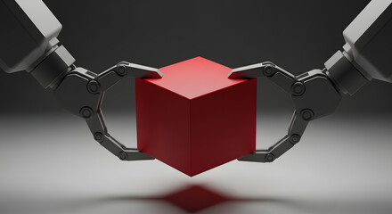 Two robotic arms with metal claws holding a red cube. A 3D render illustrating concepts of automation, future technology, and precision manufacturing.