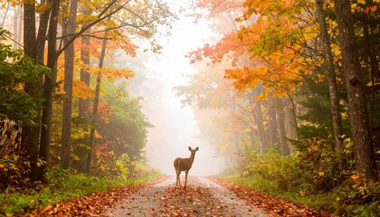 Alert Deer Standing on Autumn Path in Forest with Vibrant Orange Foliage