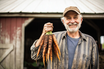 Old farmer holding a bunch of carrots with dirt still on them, smiling proudly, standing in front of an old barn