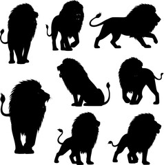 Obraz premium Nine majestic lion silhouettes in various poses, showcasing power and grace. Illustration, SVG/PNG Digital Art