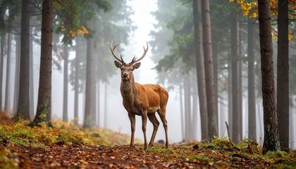 Majestic Red Deer Standing Tall in Misty Autumn Forest