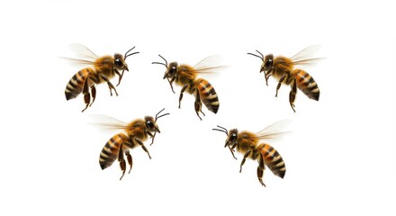 Five Flying Honeybees in Formation, Detailed Macro Isolated on White
