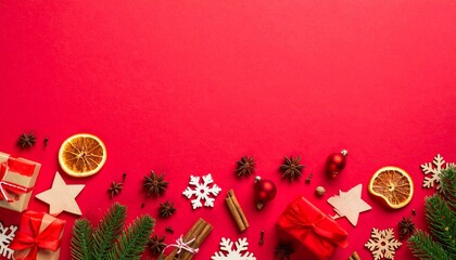 Festive Red Christmas Border with Gifts and Winter Spices