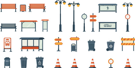 Collection of Urban Street Furniture and Safety Elements bench street light © Graphic Shops
