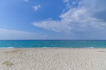 Blue waters of Possidi Beach in Kassandra, Halkidiki, Greece