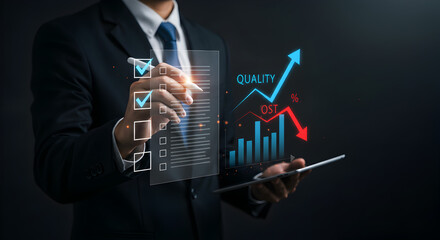 Businessman managing quality control and cost on a virtual interface.