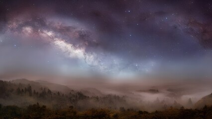 Fototapeta premium A dramatic time lapse captures dark storm clouds rolling across a mountain landscape at sunset, with light from the orange sun illuminating the sky