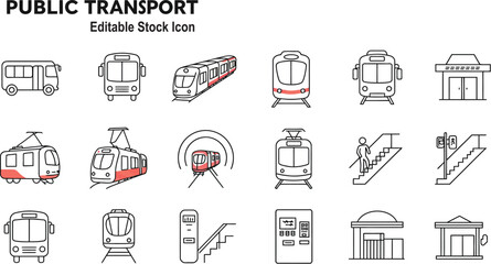 Public Transport Icons Featuring Trains Buses and Stations transportation subway