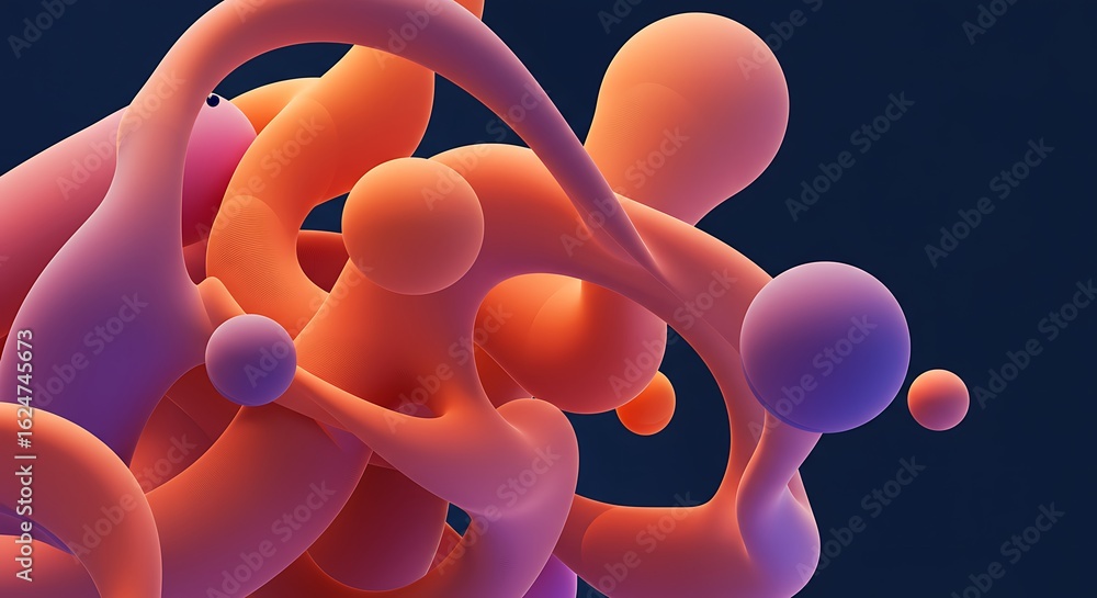 Poster abstract rendered image featuring interconnected spheres and tubular forms with blended colors.