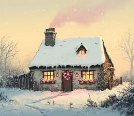 Cozy stone cottage with snow covered roof and heart shaped decorations exudes warmth in winter landscape. Soft light glows from windows, creating serene and inviting atmosphere
